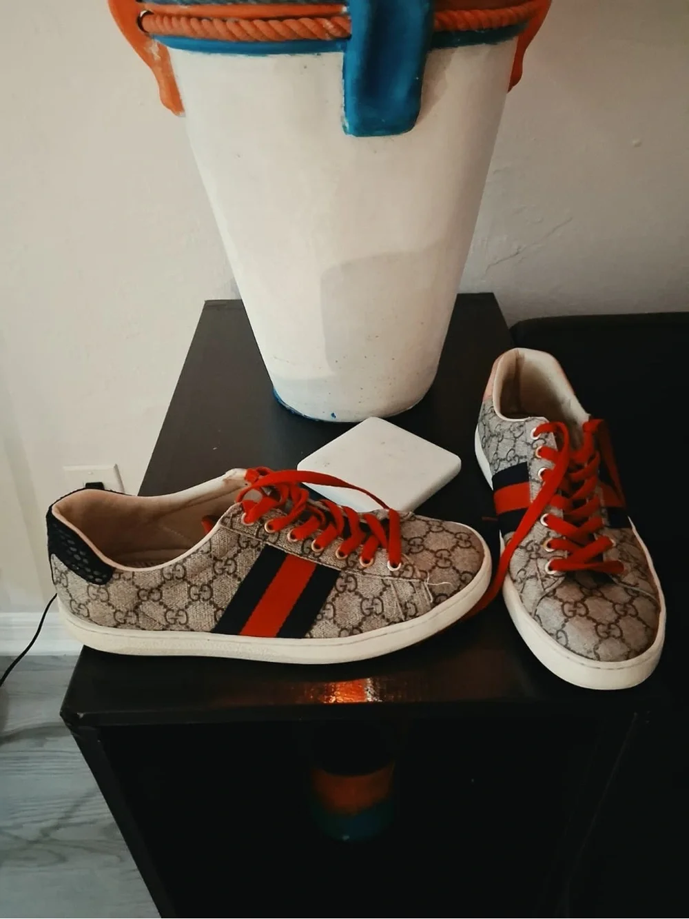 Gucci Ace GG Monogram Low-Top Sneakers with Red Laces and Navy-Red Web